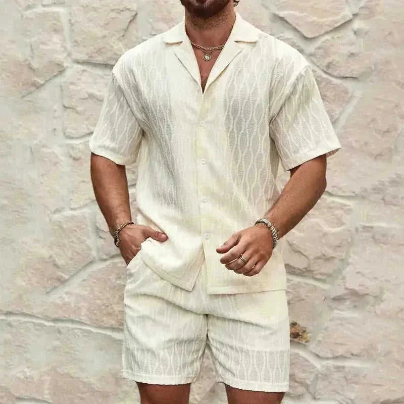 mens summer tracksuit set | loose fit casual two piece outfit | lapel button shirt and shorts set | ultrasonic cleaning