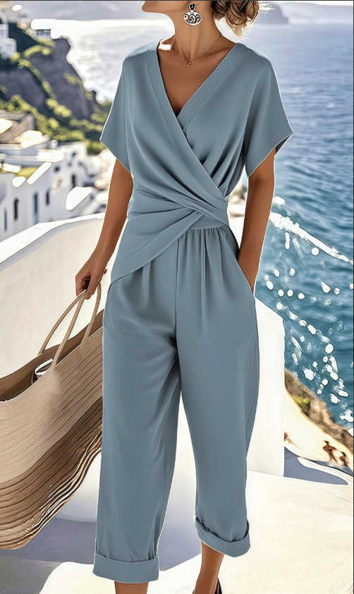 Women's V-Neck Two-Piece Pleated Suit Set - Meifu Market