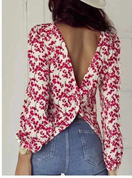 red floral print blouse | long sleeve open back top | chiffon material blouse | ultrasonic cleaning