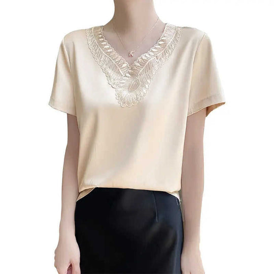 Acetate V-Neck Loose Short-Sleeve Top - Women's Commute Style - lifestyle (material: denim, silk | color: white, black |...
