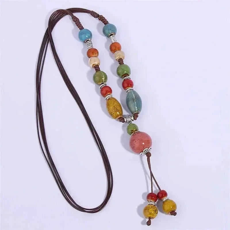 retro ceramic beaded necklace | hollow leaf pendant necklace | layered boho necklace for women | ultrasonic cleaning