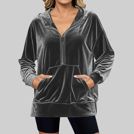 Loose Long Sleeve Zipper Pocket Pleuche Top Women Purple - color variant display