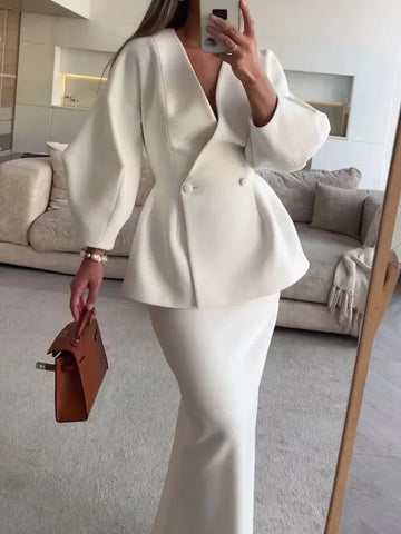 ruffled v-neck coat long skirt suit | polyester blend fabric | plus size women suit | ultrasonic cleaning