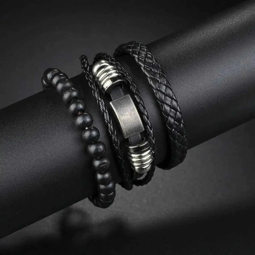 braided leather bracelet for men | vintage charm wood beads | adjustable wrap wristband | energy saving