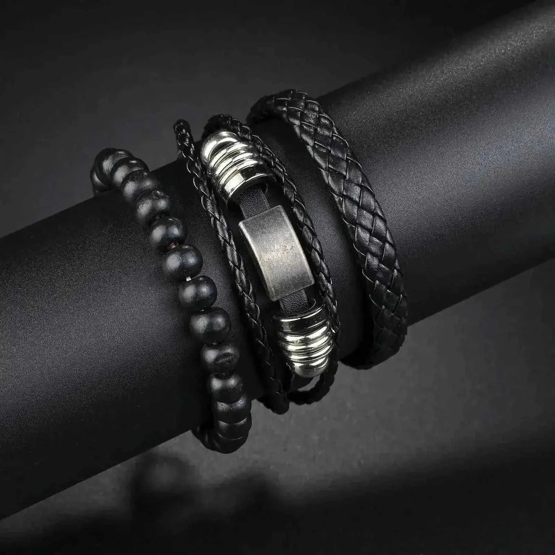 braided leather bracelet for men | vintage charm wood beads | adjustable wrap wristband | energy saving