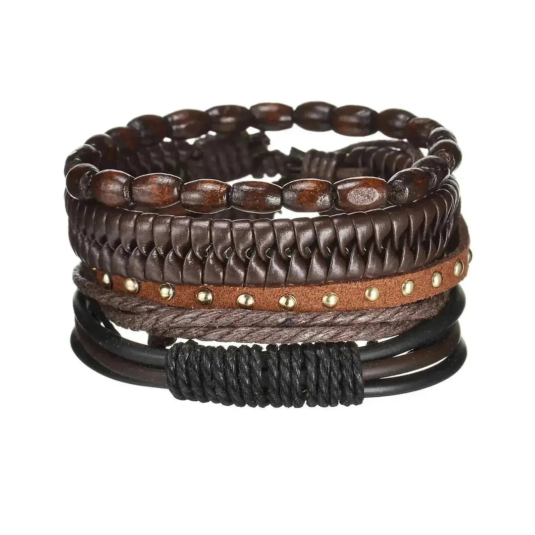 braided leather bracelet for men | vintage charm wood beads | adjustable wrap wristband | energy saving