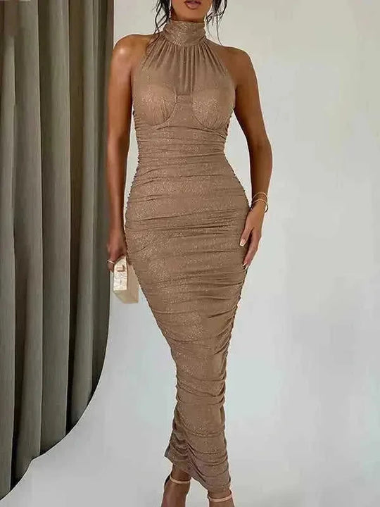 halter neck backless dress | silver bodycon dress | spandex blend cocktail dress | energy saving