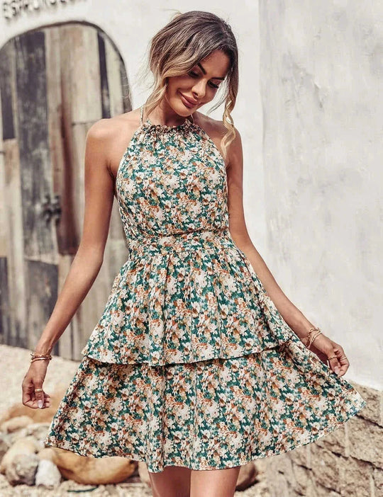 backless summer dress | boho printed halter dress | ruffle trim beach dress | energy saving