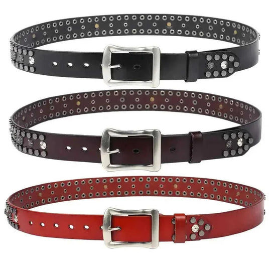 mens punk style leather belt | heavy duty belt for daily wear | adjustable belt with metal rivets | energy saving