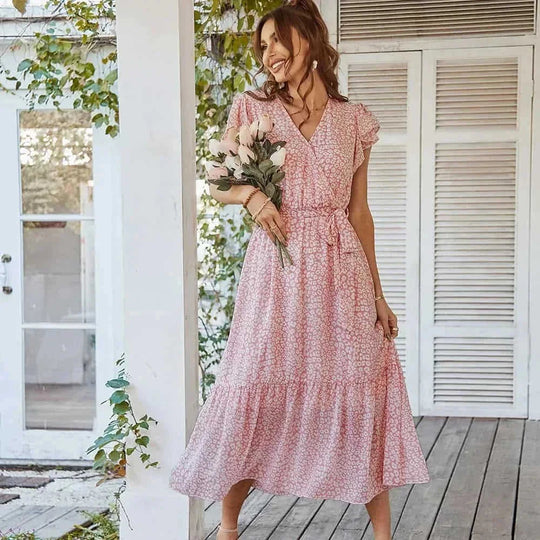 ruffle cap sleeve dress | v-neck wrap belt dress | boho floral maxi dress | ultrasonic cleaning