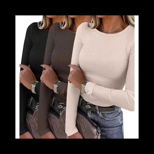 3 Pack Women's Long Sleeve Shirts, Crew Neck Ribbed Tops Slim Fit Casual Knit Tees Stretch Basic T Shirts - main view...