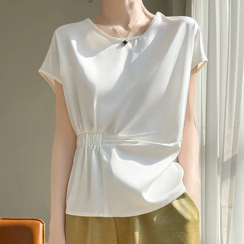 Crew-neck Simple All-match Drawstring Short-length Short-sleeve T-shirt M - available style options