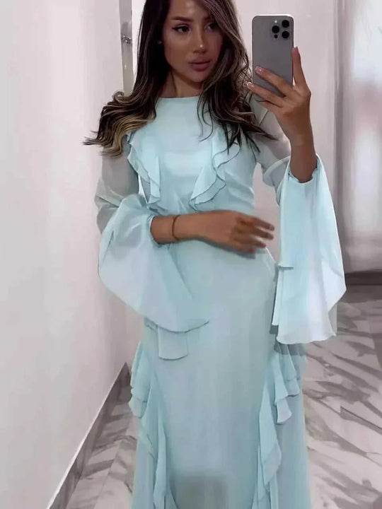 round neck ruffle sleeve maxi dress | chiffon long sleeve maxi dress | floor length evening gown | energy saving