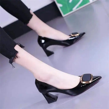 All-match Fashion Patent Leather Women's Shoes Shallow Mouth Pointed Mid Heel Women's Shoes Meifu Market