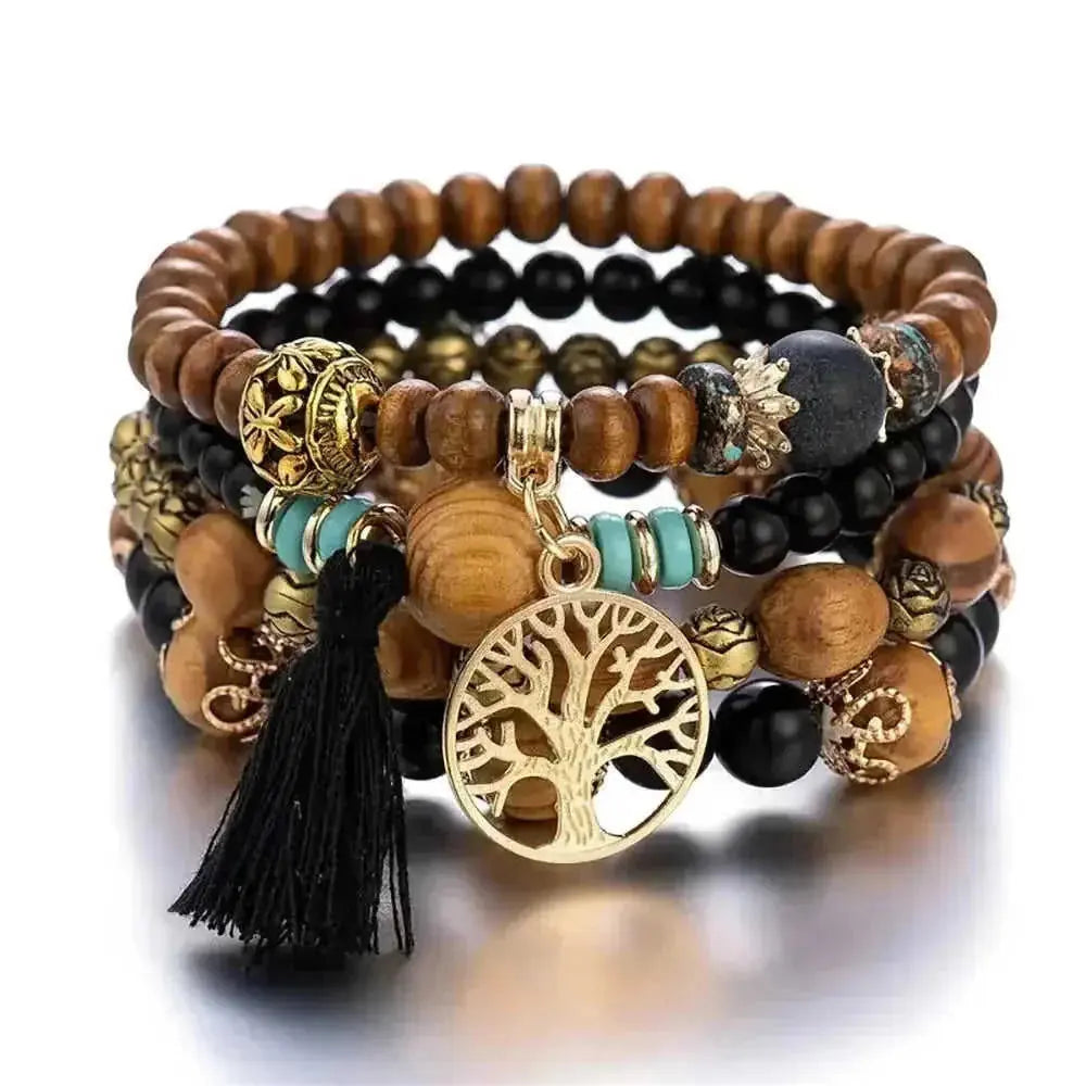 Boho Tree of Life Bracelet Set - 4 Piece Wooden Beads Elastic Bangle with Tassels Charm for Women - Meifu Market