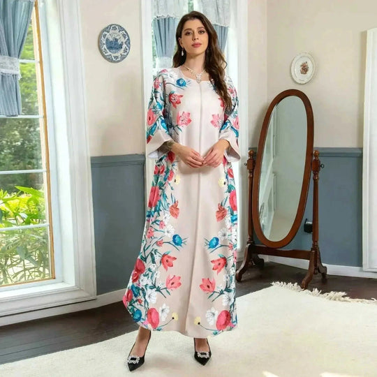 rhinestone print maxi dress | long sleeve positioning print robe | polyester chiffon muslim dress | energy saving