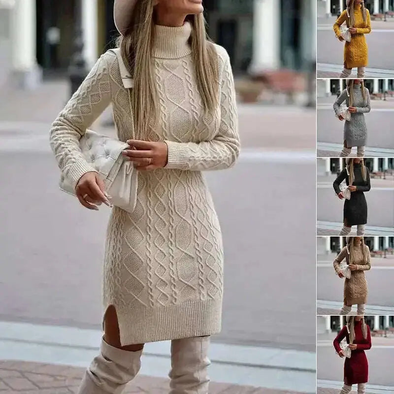 Fashion Turtleneck Knitted Dress With Slit Design Winter Warm Solid Color Pullover Long Sweater Women's Clothing Meifu Market