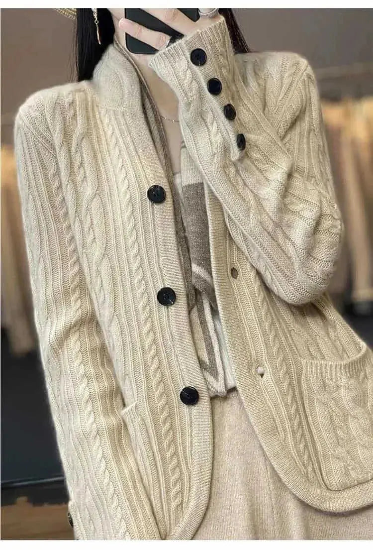 pure wool cardigan women | loose fit knitted coat | stand collar sweater | ultrasonic cleaning