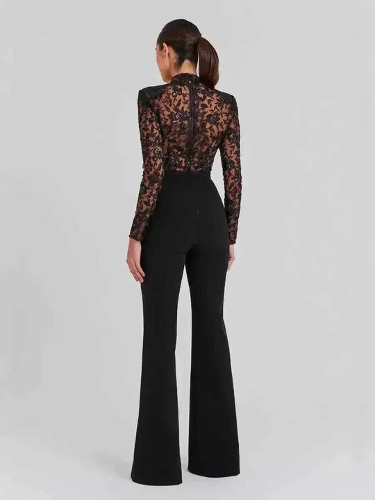 Black See-through Lace Long-sleeved Trousers Jumpsuit Black - scale comparison view