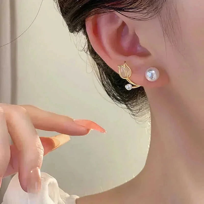 sterling silver earrings for women | hypoallergenic stud earrings | tulip flower stud earrings | energy saving