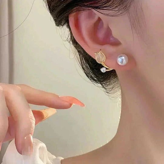 sterling silver earrings for women | hypoallergenic stud earrings | tulip flower stud earrings | energy saving