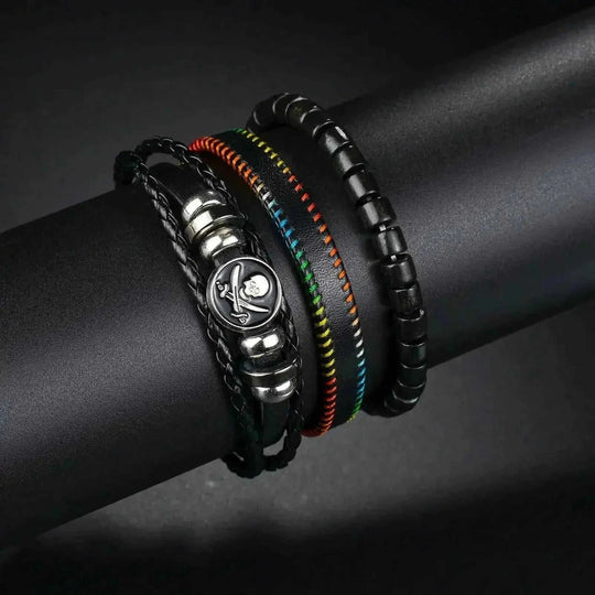 braided leather bracelet for men | vintage charm wood beads | adjustable wrap wristband | ultrasonic cleaning