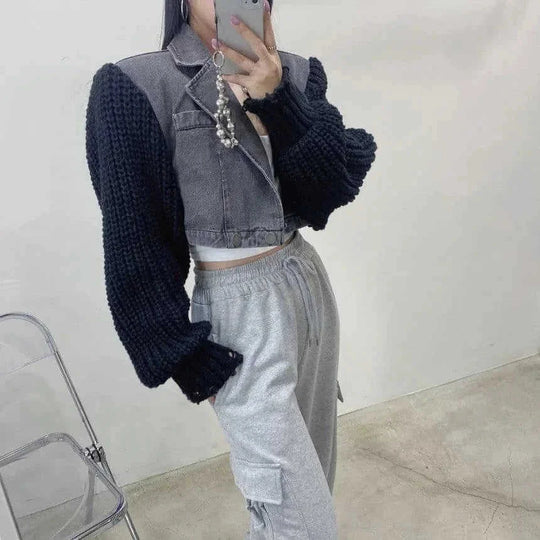 patchwork denim jacket | wool blend coat | long sleeve outerwear | ultrasonic cleaning