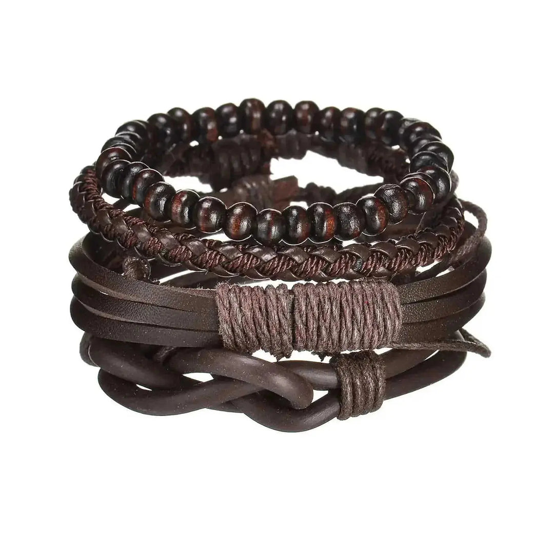 braided leather bracelet for men | vintage charm wood beads | adjustable wrap wristband | ultrasonic cleaning