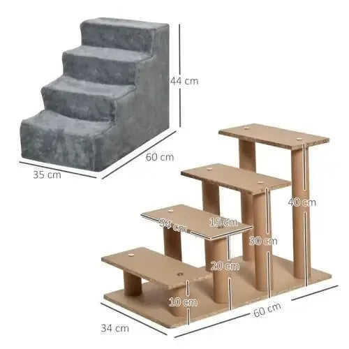 PawHut Four-Step Dog Stairs, With Washable Plush Cover, For High Bed Sofa, Dog Stairs For Small Dog And Cat - Light Grey Meifu Market