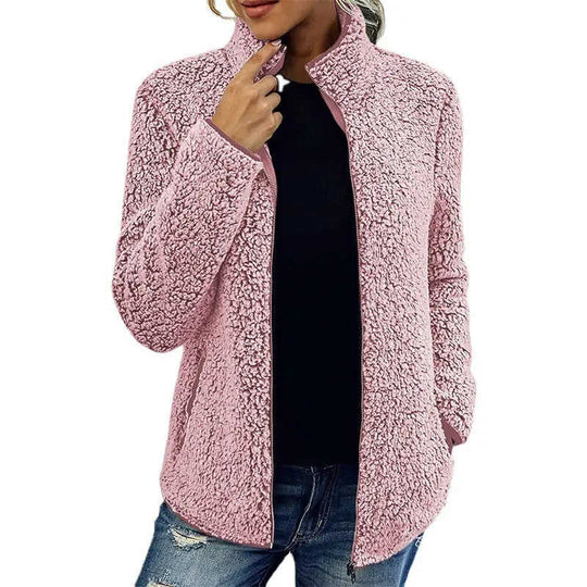 Fall Winter Warm Sweatshirt Stand Collar Solid Color Top Sweater Women's Casual Fashion Long Sleeve Zipper Bubble Velvet Coat Tops Meifu Market