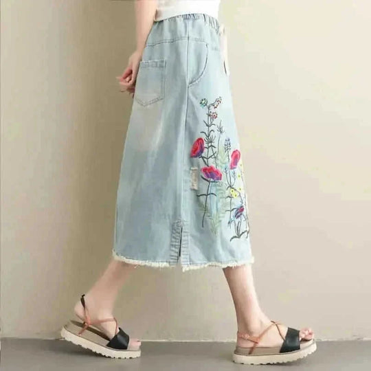 plus size embroidered denim skirt | heavy embroidery maxi skirt | ethnic style denim skirt | ultrasonic cleaning