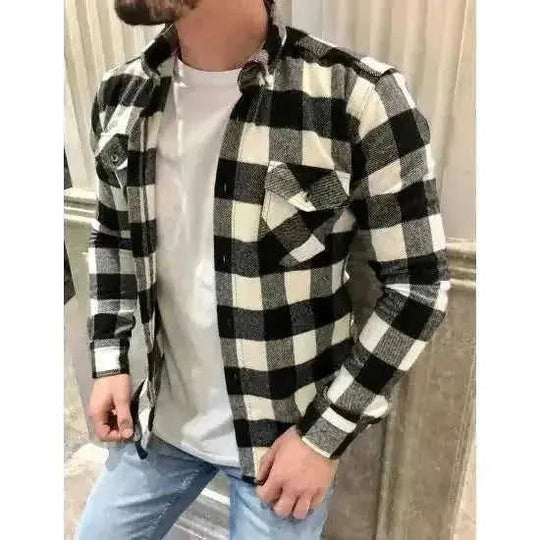 A Long-sleeved Pocket Checked Shirt With A Lapel For Young Men In Autumn And - view 7 (material: cotton | color: white,...