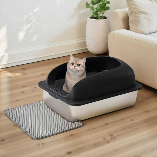 Stainless Steel Cat Litter Box with Lid - XL for Large Cats + Mat Meifu Market