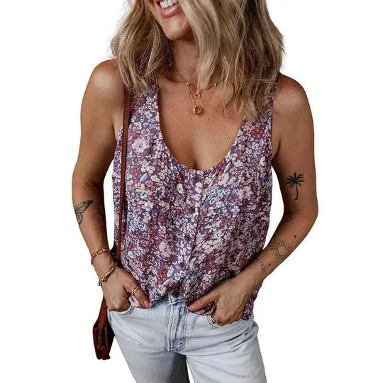 pleated u-neck vest | printed sleeveless top | lightweight breathable fabric | energy saving