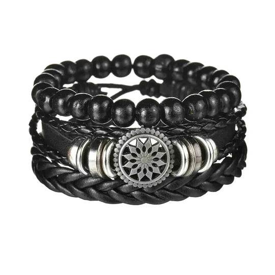 braided leather bracelet for men | vintage charm wood beads | adjustable wrap wristband | ultrasonic cleaning
