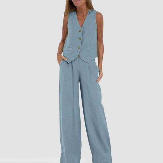 lightweight linen blend fabric | high-waisted wide-leg trousers | breathable sleeveless vest top | energy saving
