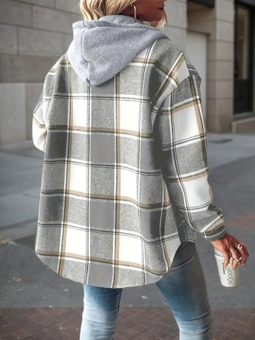 New Plaid Pattern Long Sleeved Hook And Loop Wool Lined Hooded Jacket For Warmth, Women's Plaid Hooded Drawstring Jacket, Single Breasted Closure, Comfortable And Casual Meifu Market