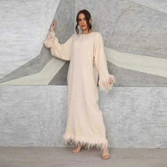 feather detail maxi dress | long sleeve round neck dress | lace-up back dress | ultrasonic cleaning