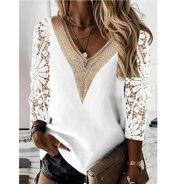 Commuter Nine-quarter Sleeve V-neck Stitching Hollow Lace Chiffon Shirt Pullover Meifu Market