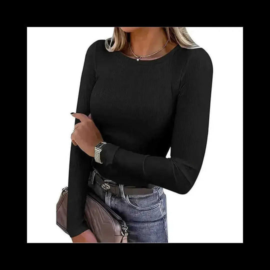 3 Pack Women's Long Sleeve Shirts, Crew Neck Ribbed Tops Slim Fit Casual Knit Tees Stretch Basic T Shirts - side view...
