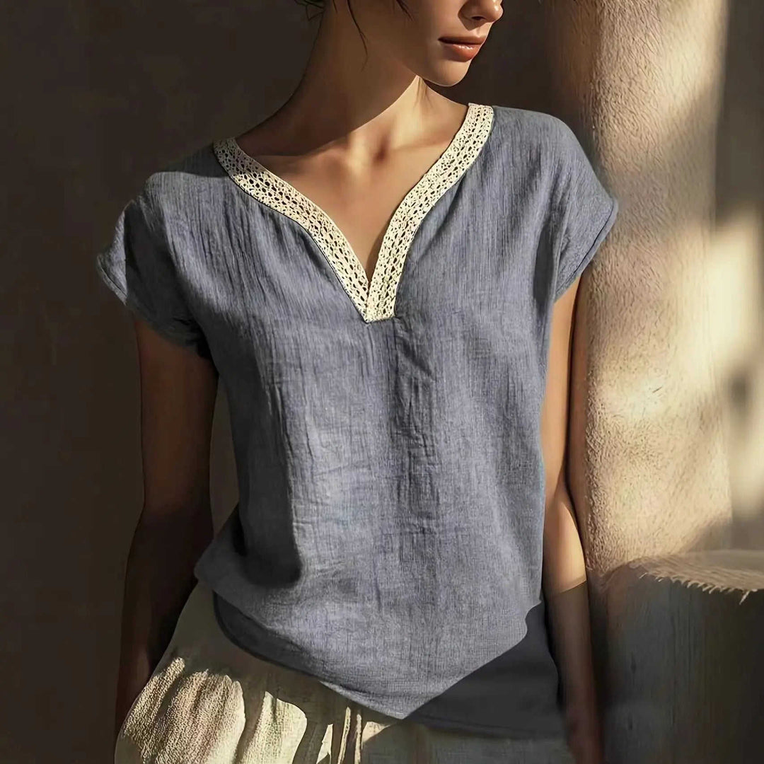 Bohemian Vintage Lace V-Neck Cotton-Linen Blouse M - back view