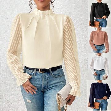 Women's Half-turtleneck Stitching Wavy Chiffon Long-sleeved Top Meifu Market