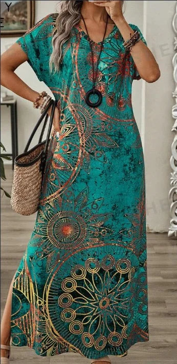 vintage floral maxi dress | batwing sleeve summer dress | v-neck long dress women | energy saving