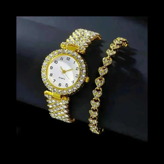 2-Piece Women's Watch & Bracelet Set - Luxury Fashion Jewelry Gift Set with Silver Strap Quartz Watch Gold - styled newiti...