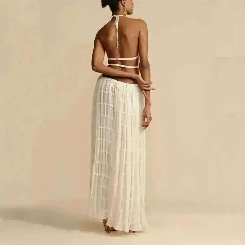 2pcs Women's Dress Suit Sexy Sleeveless Backless Cropped Halter Top And Pleated Long Skirt Beach Clothing - view 16...