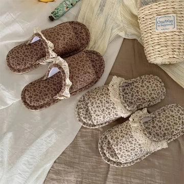 Home Style Vintage Floral One Word Four Seasons Universal Cotton Slippers Female Meifu Market