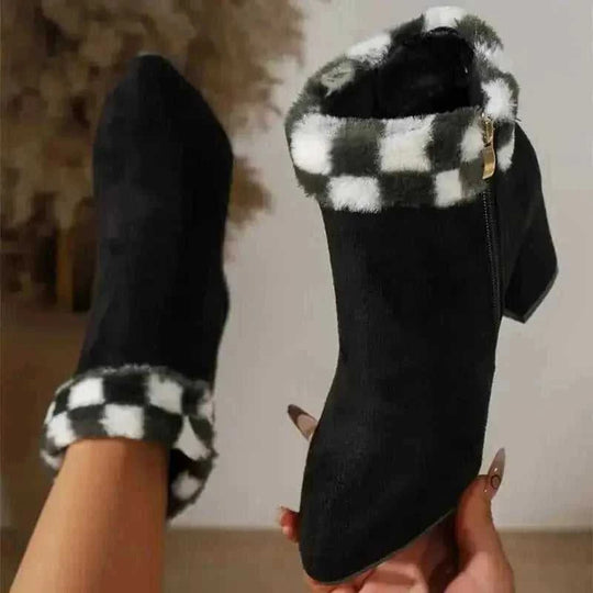suede plush ankle boots | square heel winter boots | plaid print casual shoes | ultrasonic cleaning