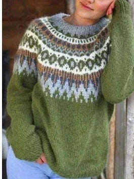 Round Neck Pullover Jacquard Vintage Print Sweater Meifu Market