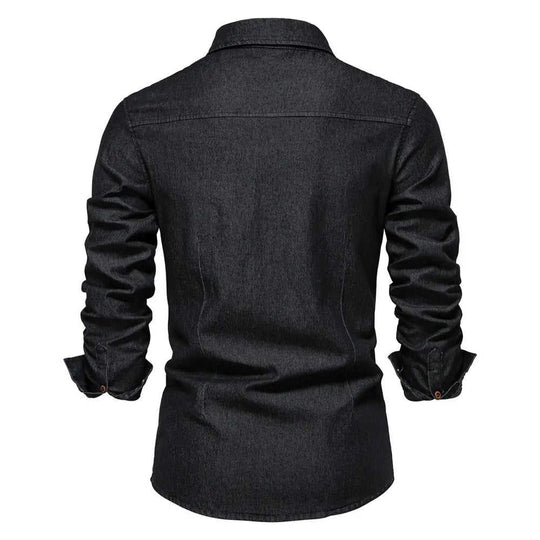 Men's Long-sleeved Denim Shirt Casual Solid Button Slim Tops Clothing L - side view showing details