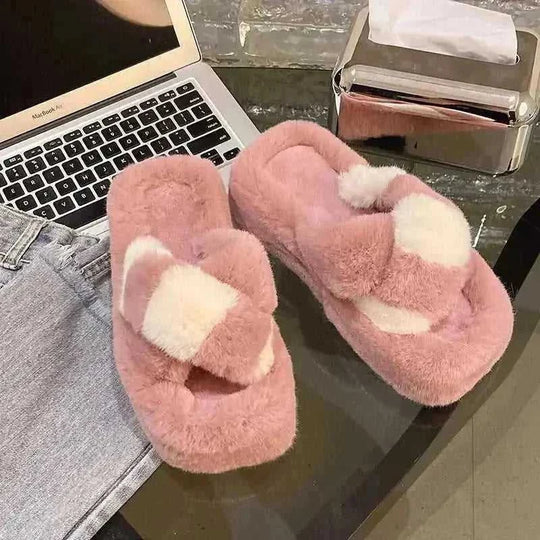 cross-strap fuzzy slippers | 5cm heel house shoes | plush indoor slippers women | energy saving